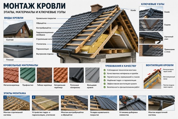 Монтаж кровли: этапы, материалы, особенности и требования к качеству